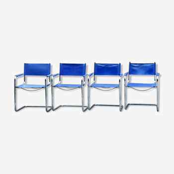 Chrome and blue leather armchairs