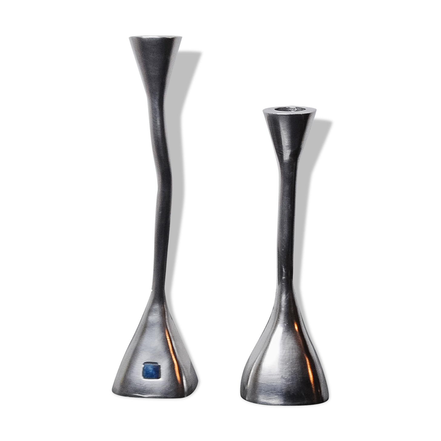 Pair of zigzag candle holders, solid aluminum and polished stone, art3, Spain, 1970