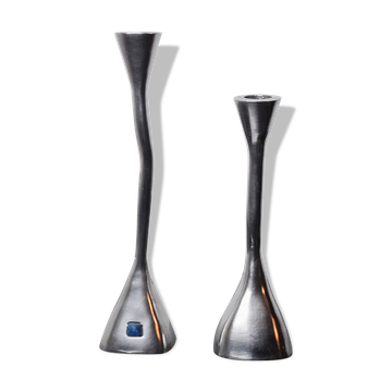Pair of zigzag candle holders, solid aluminum and polished stone, art3, Spain, 1970