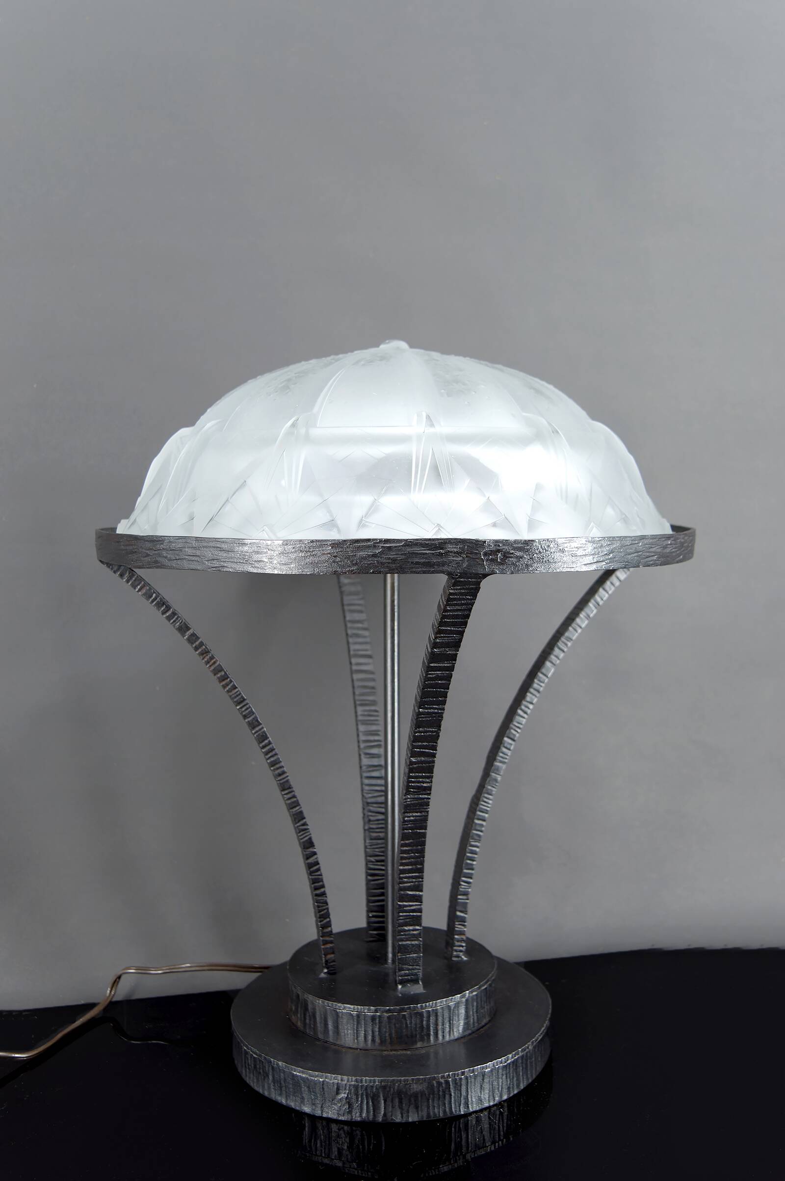 Important Art Deco Wrought Iron Lamp with Starry Glass Dome, c. 1930