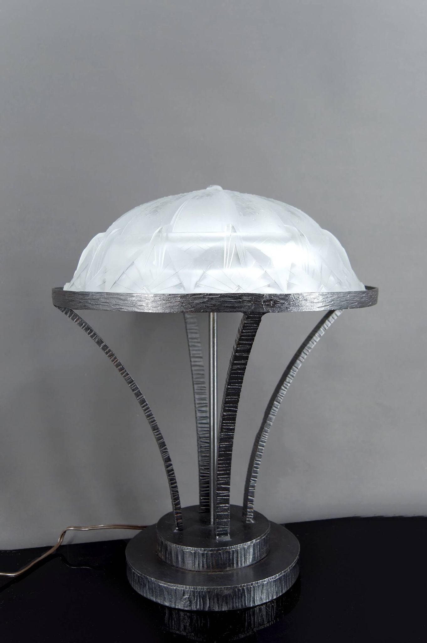 Important Art Deco Wrought Iron Lamp with Starry Glass Dome, c. 1930
