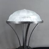 Important Art Deco Wrought Iron Lamp with Starry Glass Dome, c. 1930