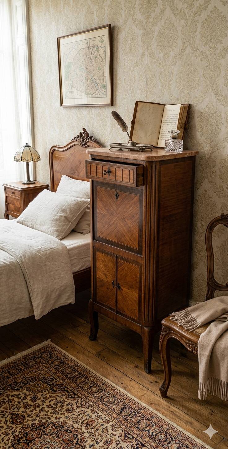 Louis XV style secretary with marquetry and marble top.