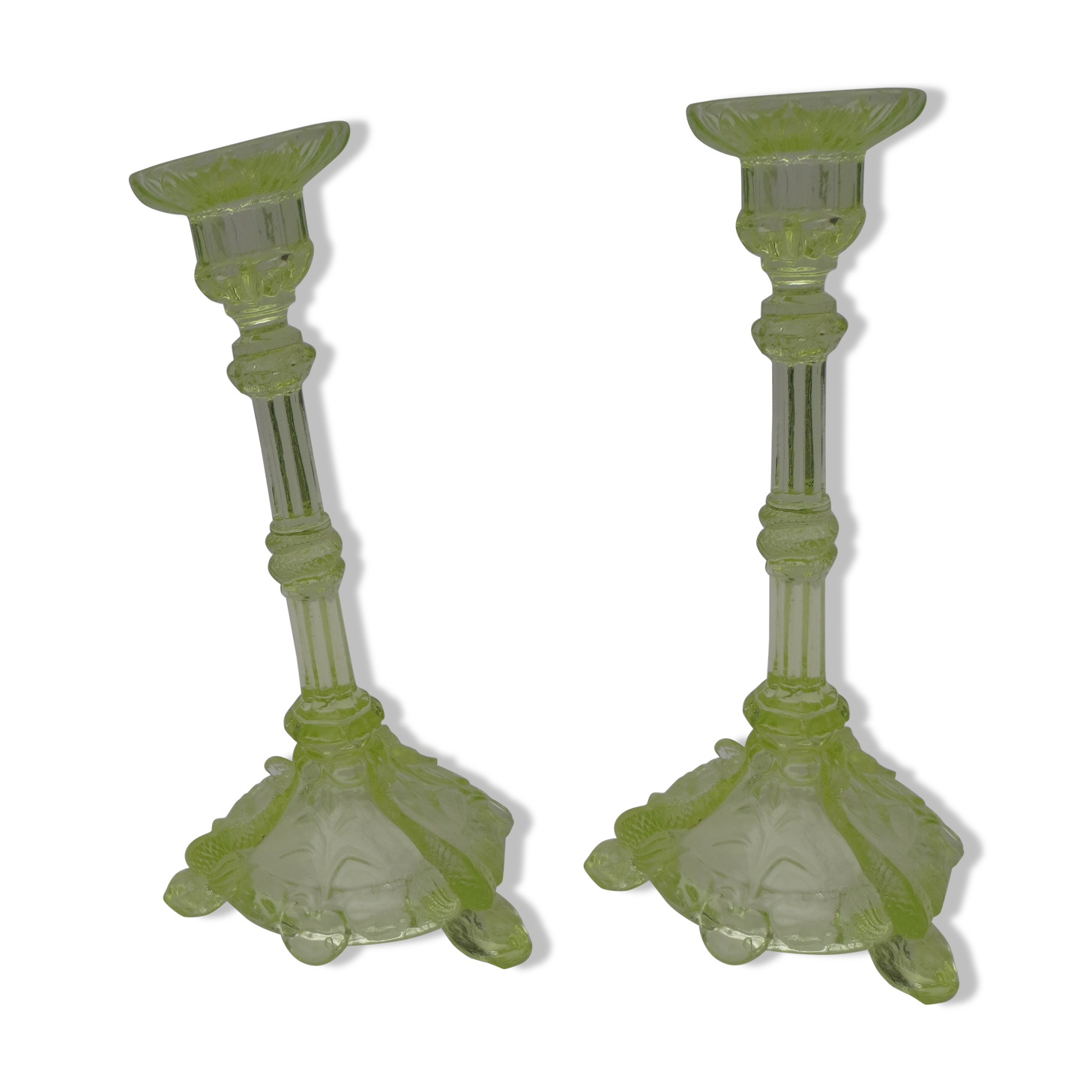 pair of old anise-green glass candlesticks