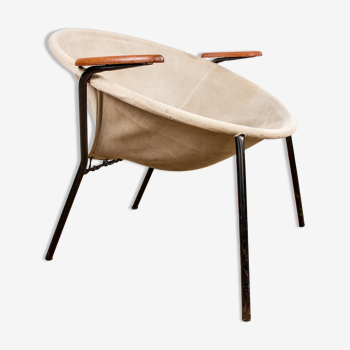 Danish armchair in Leather, Steel and Teak, Balloon model by Hans Olsen 1960.
