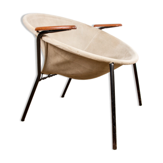 Fauteuil danois en cuir, acier et teck, modèle balloon par Hans Olsen 1960