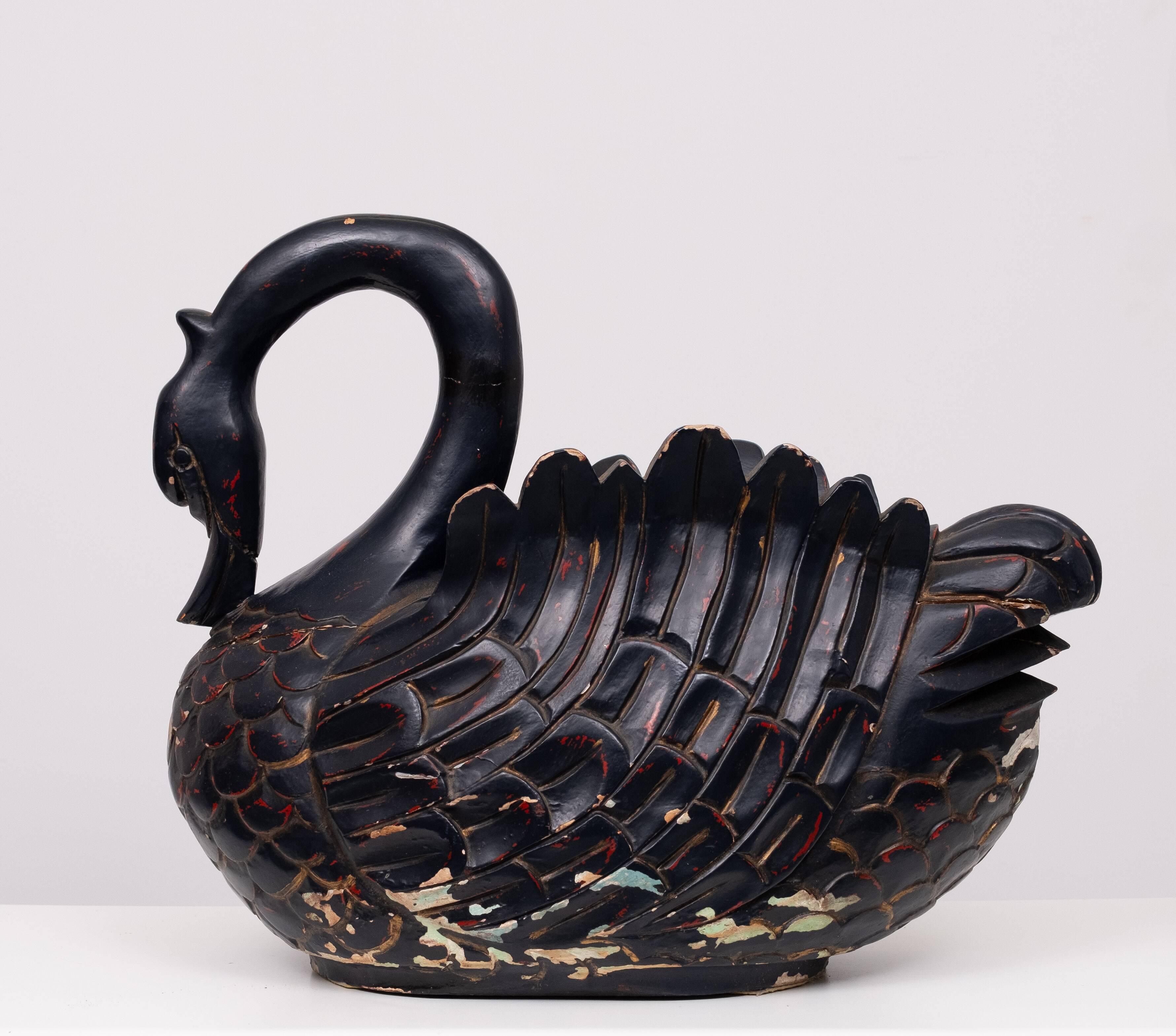Mid Century Large Black Wooden Swan