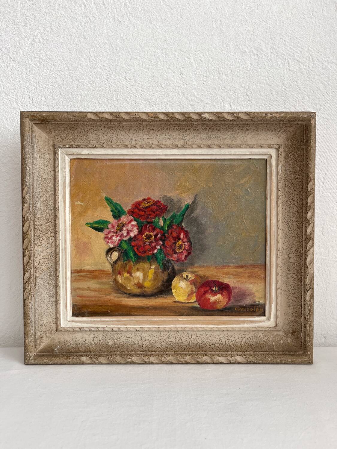 Antique oil painting on canvas with flowers and apples