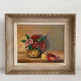 Old oil painting on canvas flowers apples