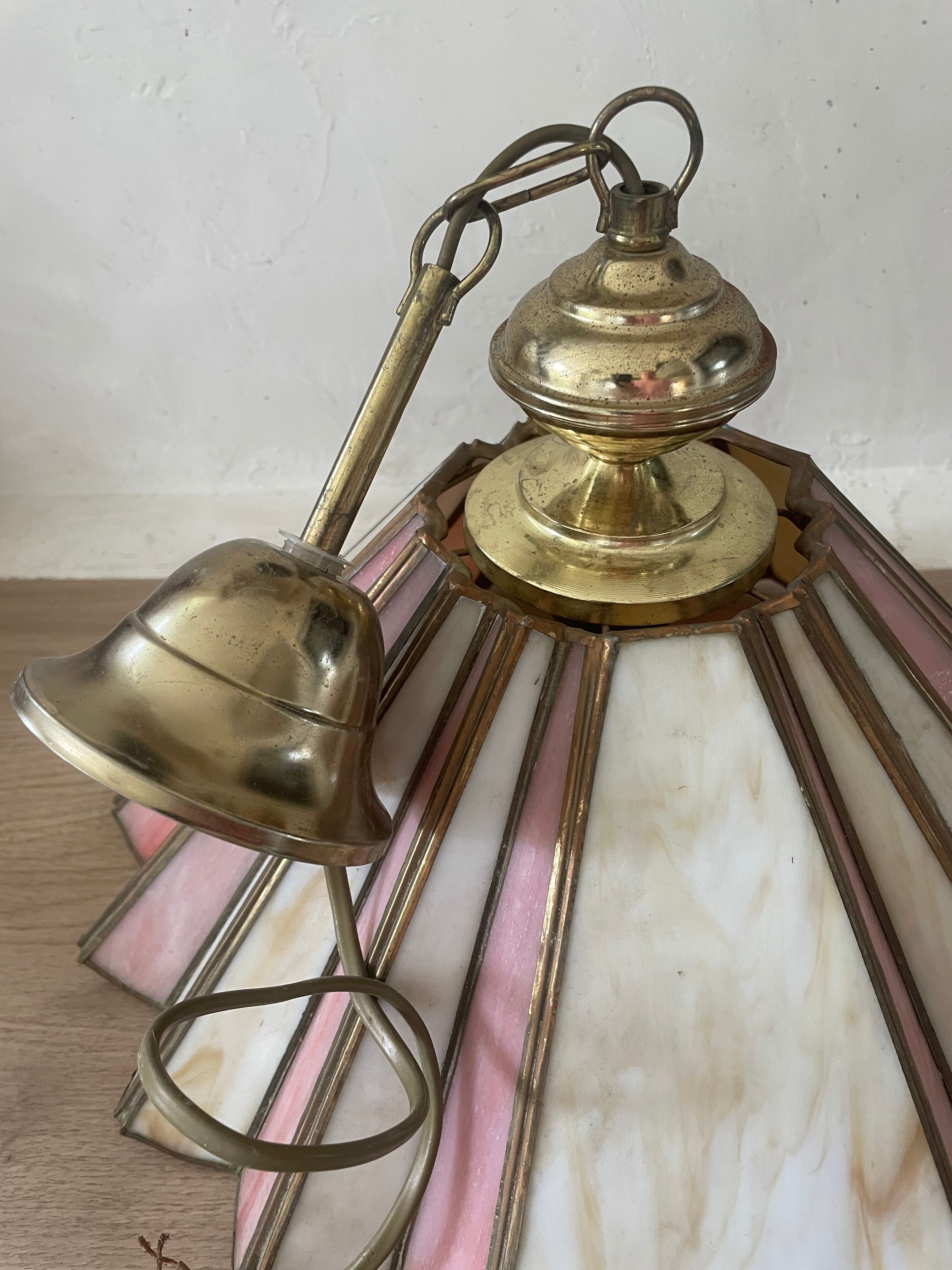 Vintage Tiffany suspension style, two-tone glass shade.