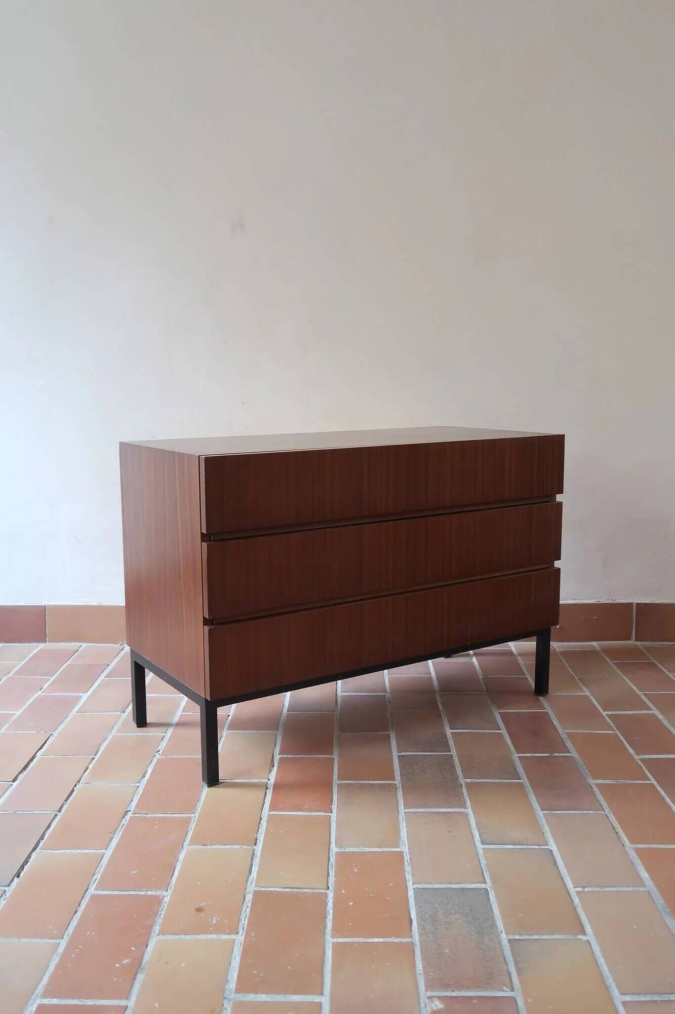 Teak chest of drawers with 3 drawers, black metal legs, 1960s.