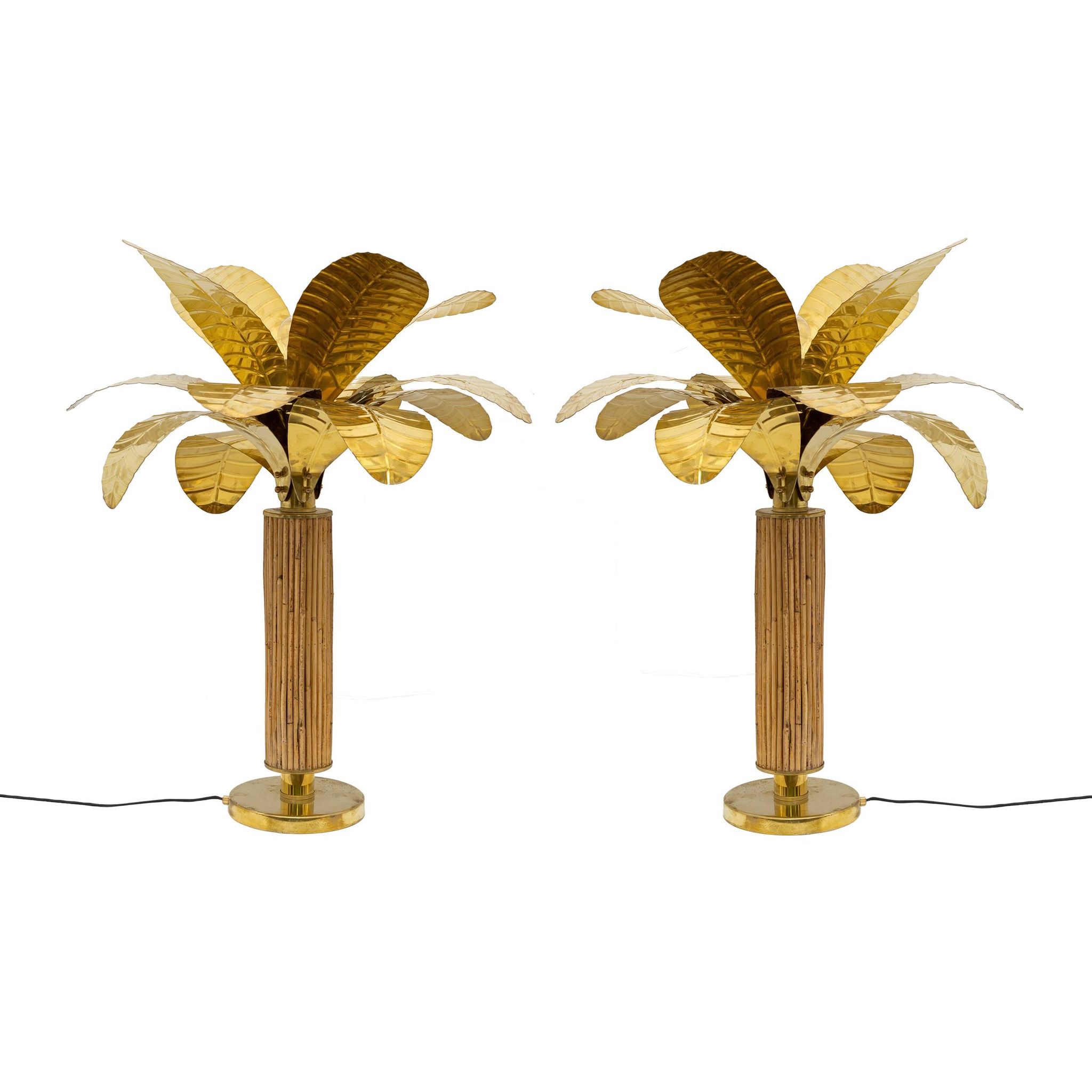Pair of Mid-century Modern Italian Brass and Rattan Palm Tree Lamps, 1970s
