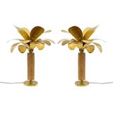 Paire de lampes en forme de palmier en laiton et rotin, Italie, années 1970