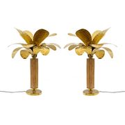 Pair of Mid-century Modern Italian Brass and Rattan Palm Tree Lamps, 1970s