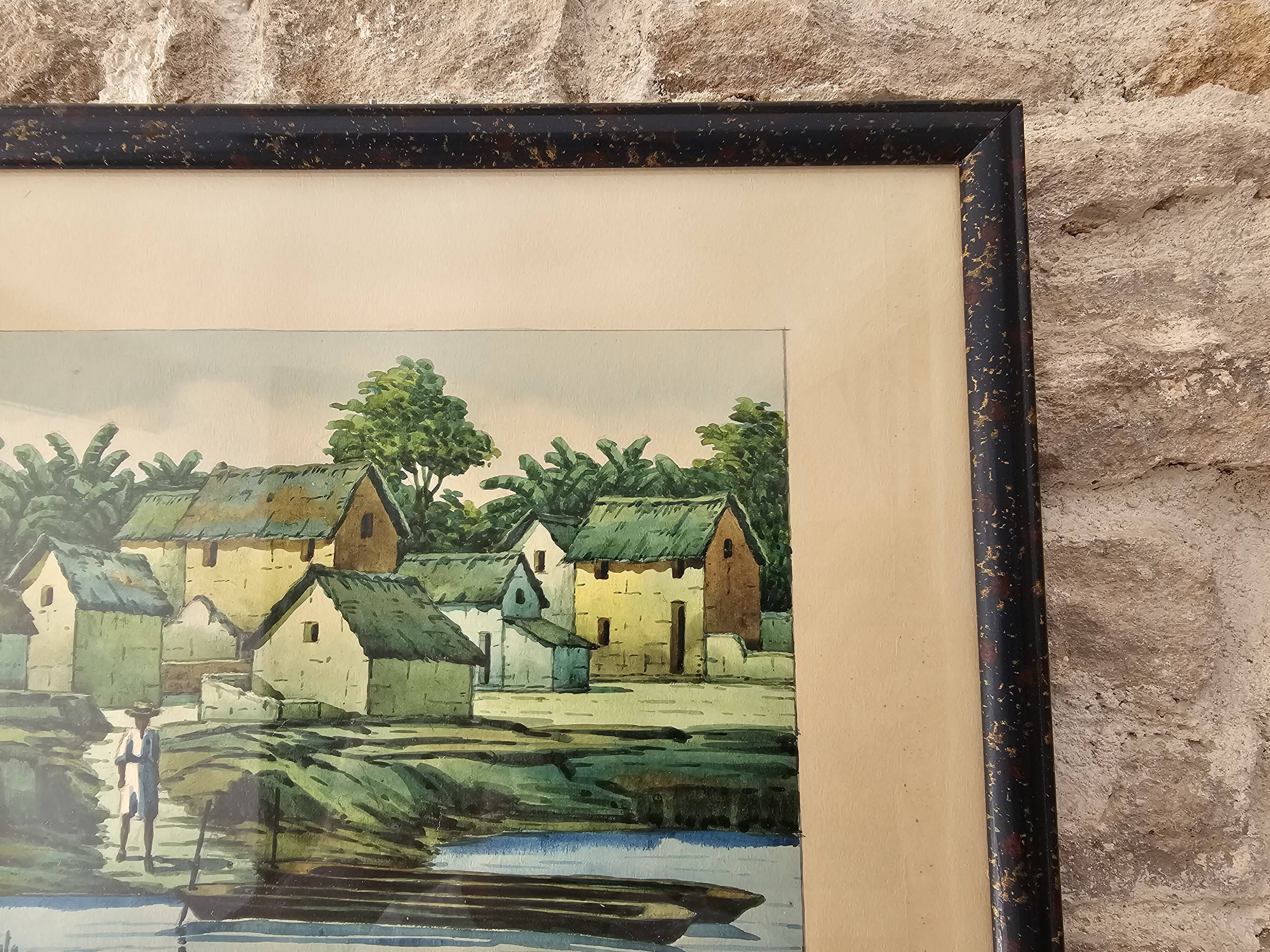 Watercolour painting on paper Madagascar Malagasy Village Signed R Rakoto