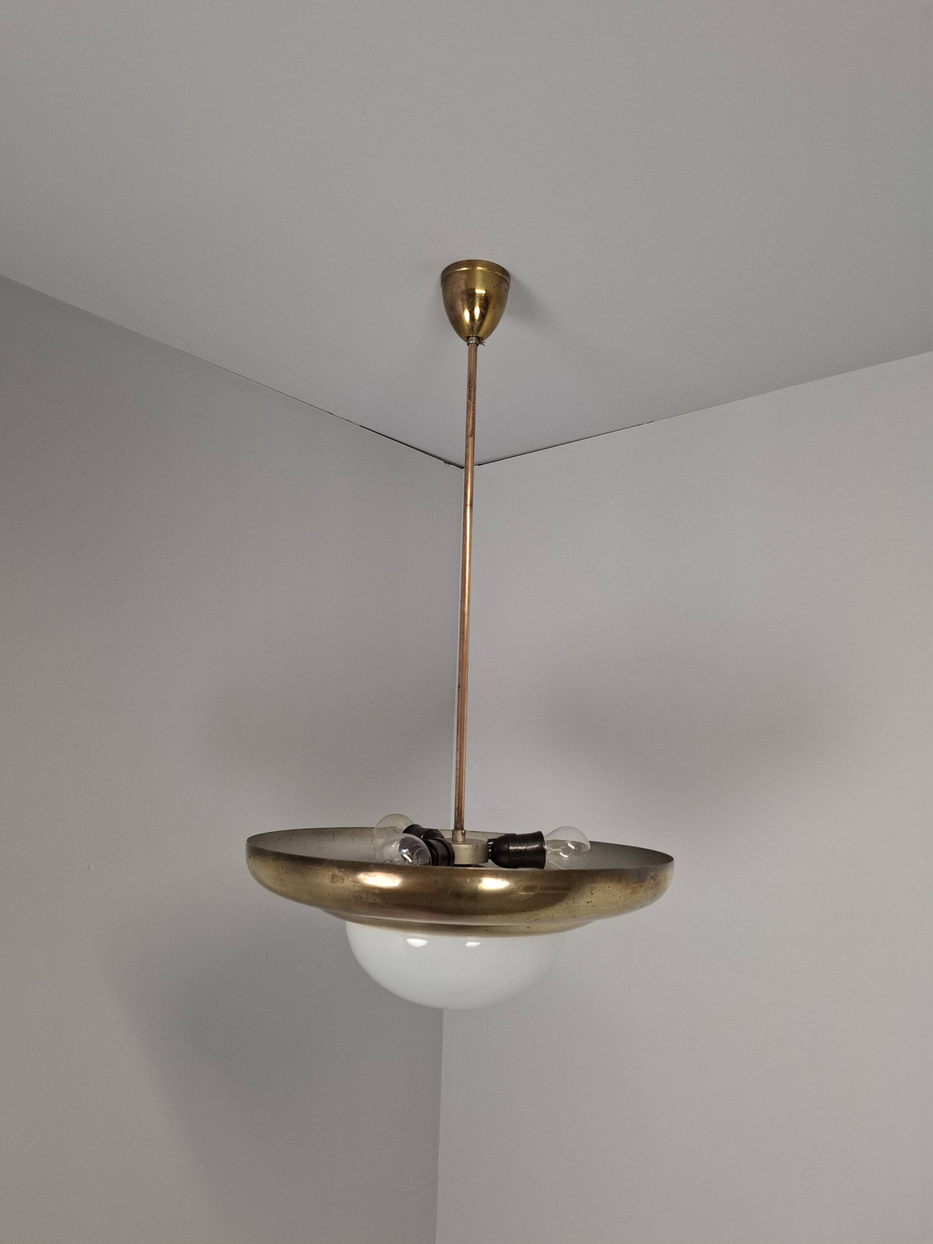 1920 Czechoslovak Art Deco Brass and Opaline Glass Pendant Lamp, Napako 134