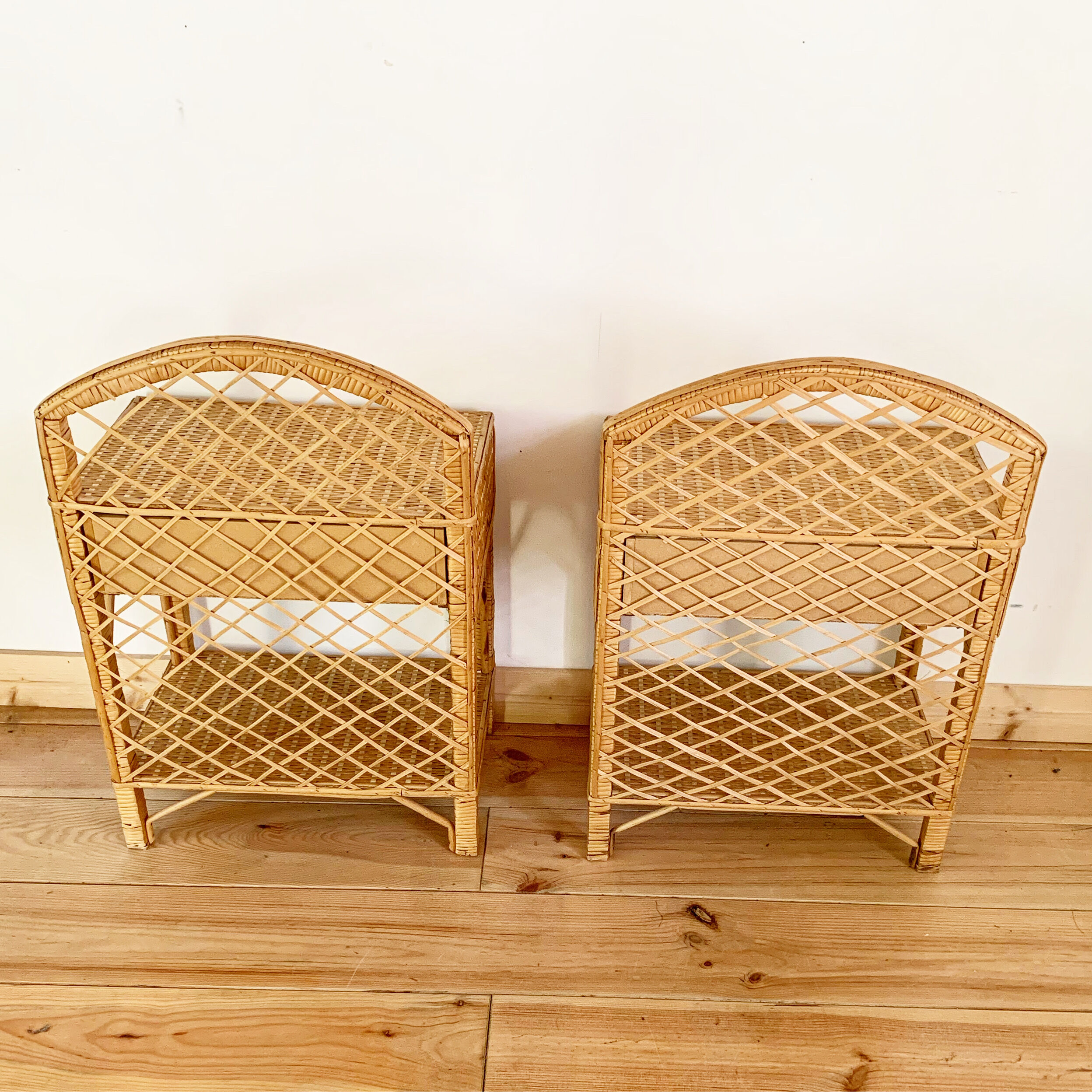 Pair of vintage wicker and rattan bedside tables