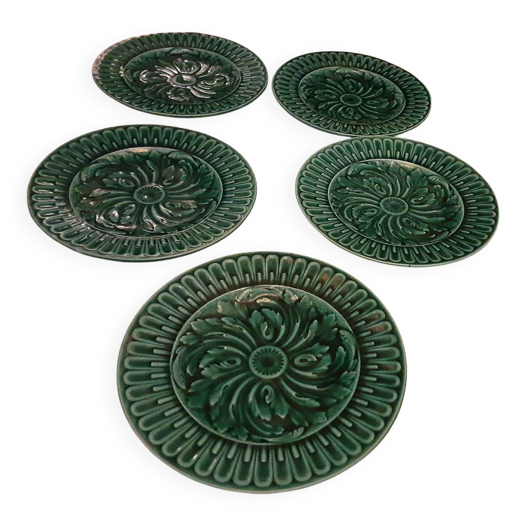 5 Antique Green Barbotine Earthenware Plates