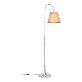 Restored Czech Bauhaus Floor Lamp, Nickel-Plated Steel, Parchment Shade, 1920s