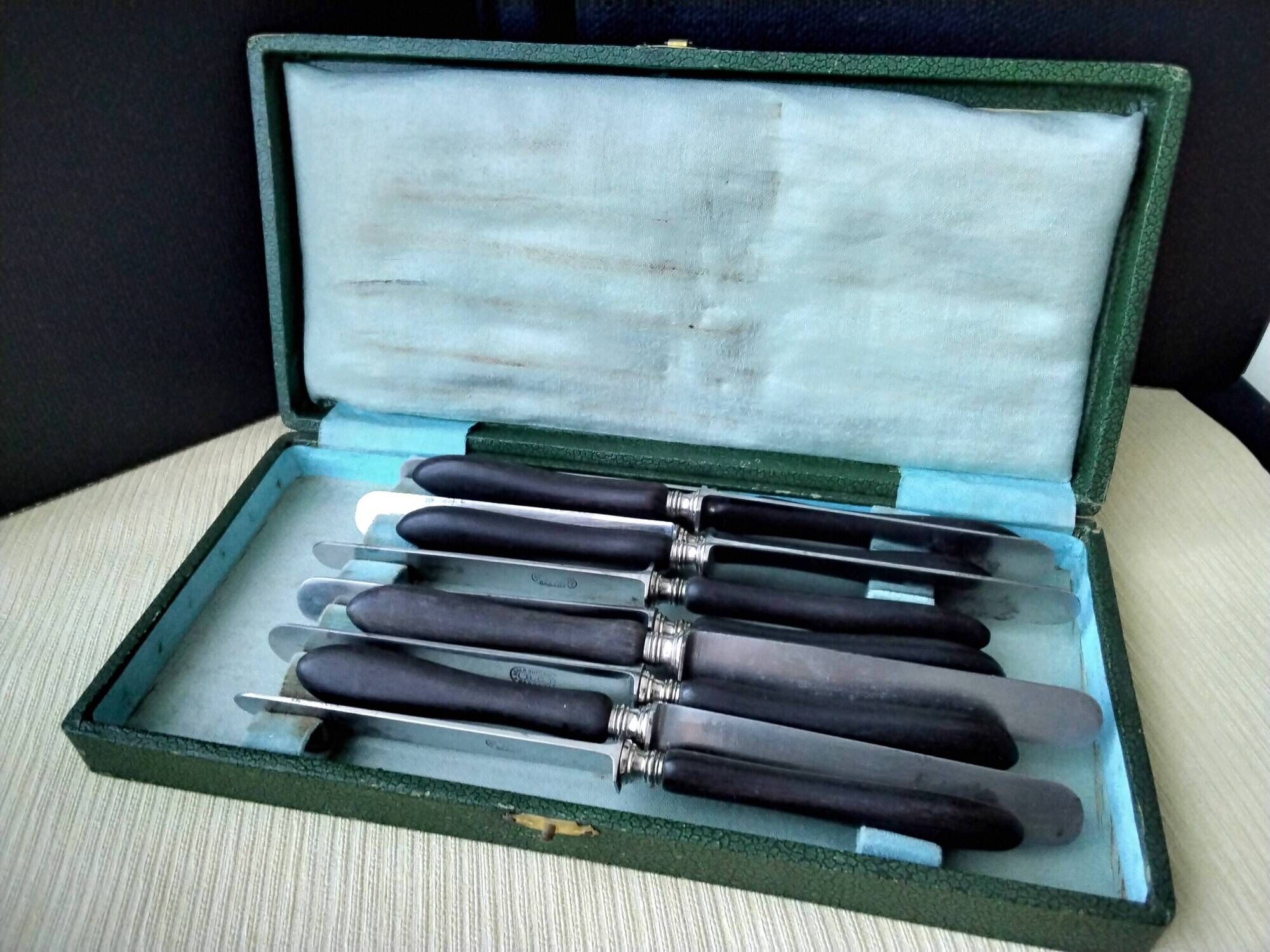 Box of 10 antique dessert knives Blackened wood and steel