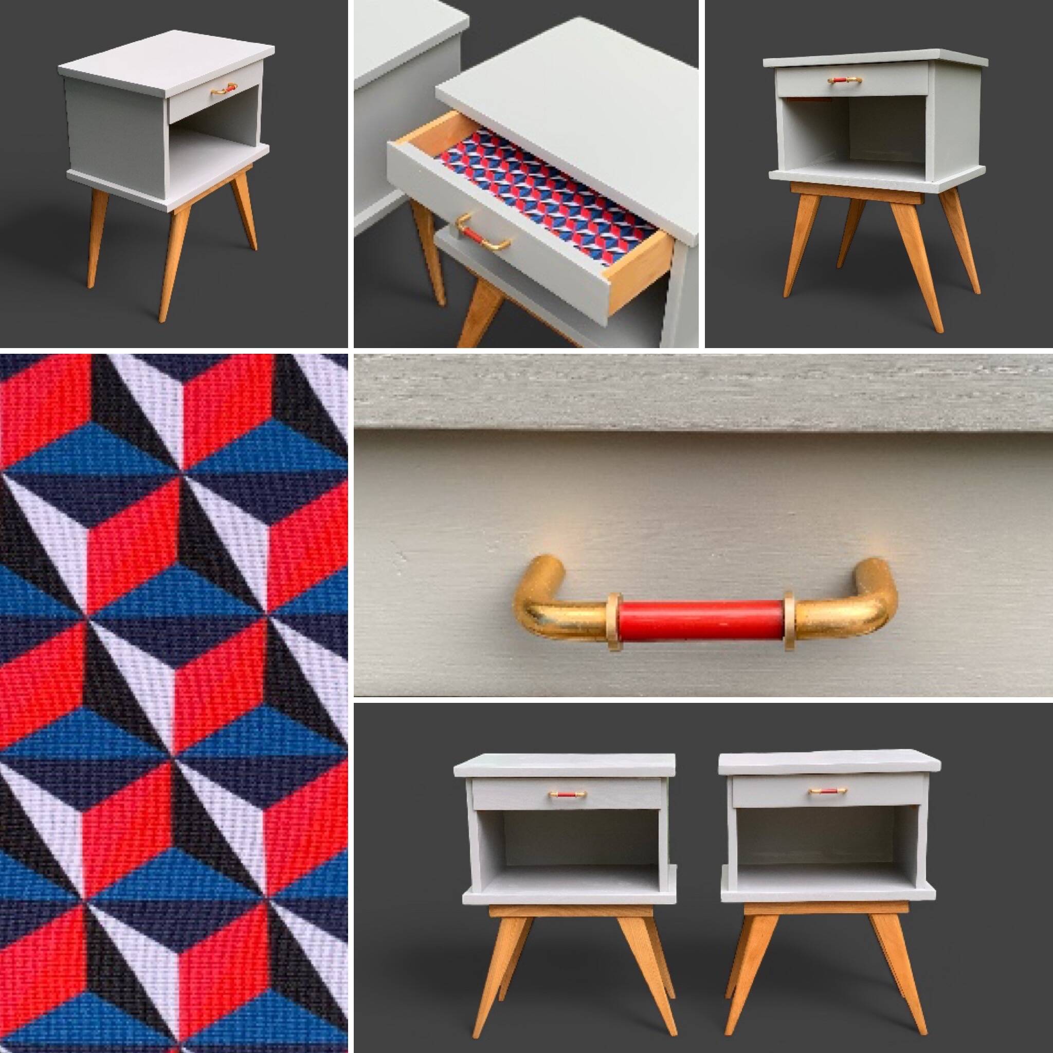 Pair of vintage 1950s compass foot bedside tables