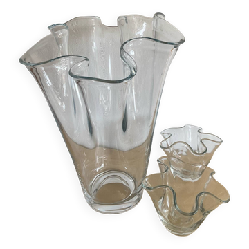Trio of vintage blown glass handkerchief vases