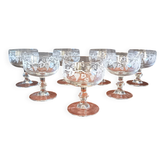 7 champagne coupes, vintage glass coupes