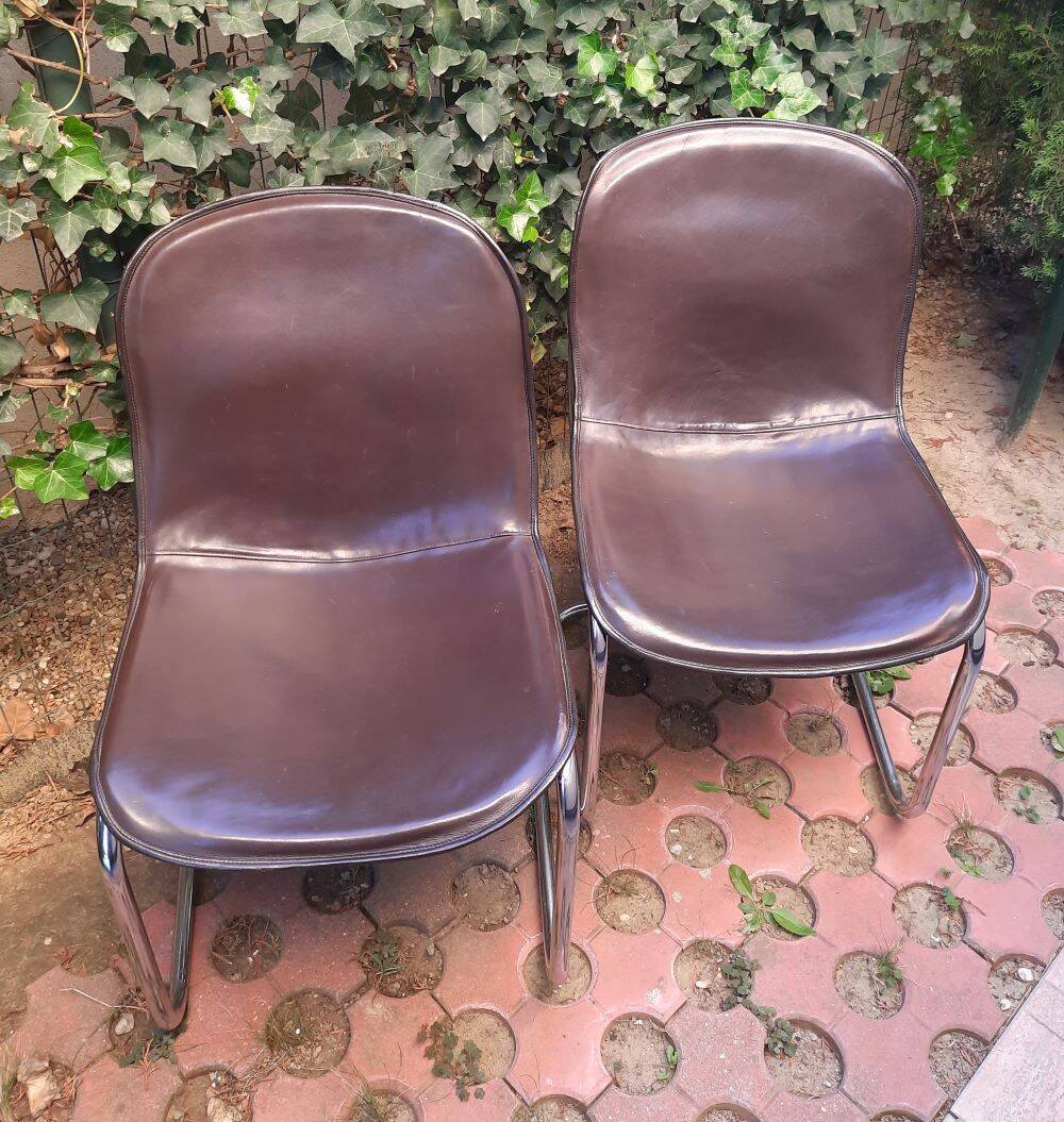 Gastone Rinaldi dining chairs covered with original cow leather, set of two, Italy, 1960s