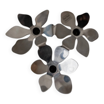 Silver stainless-steel candle holder by Monica Mulder for Ikea, flower-shaped, 3-candle, Sweden 1990s