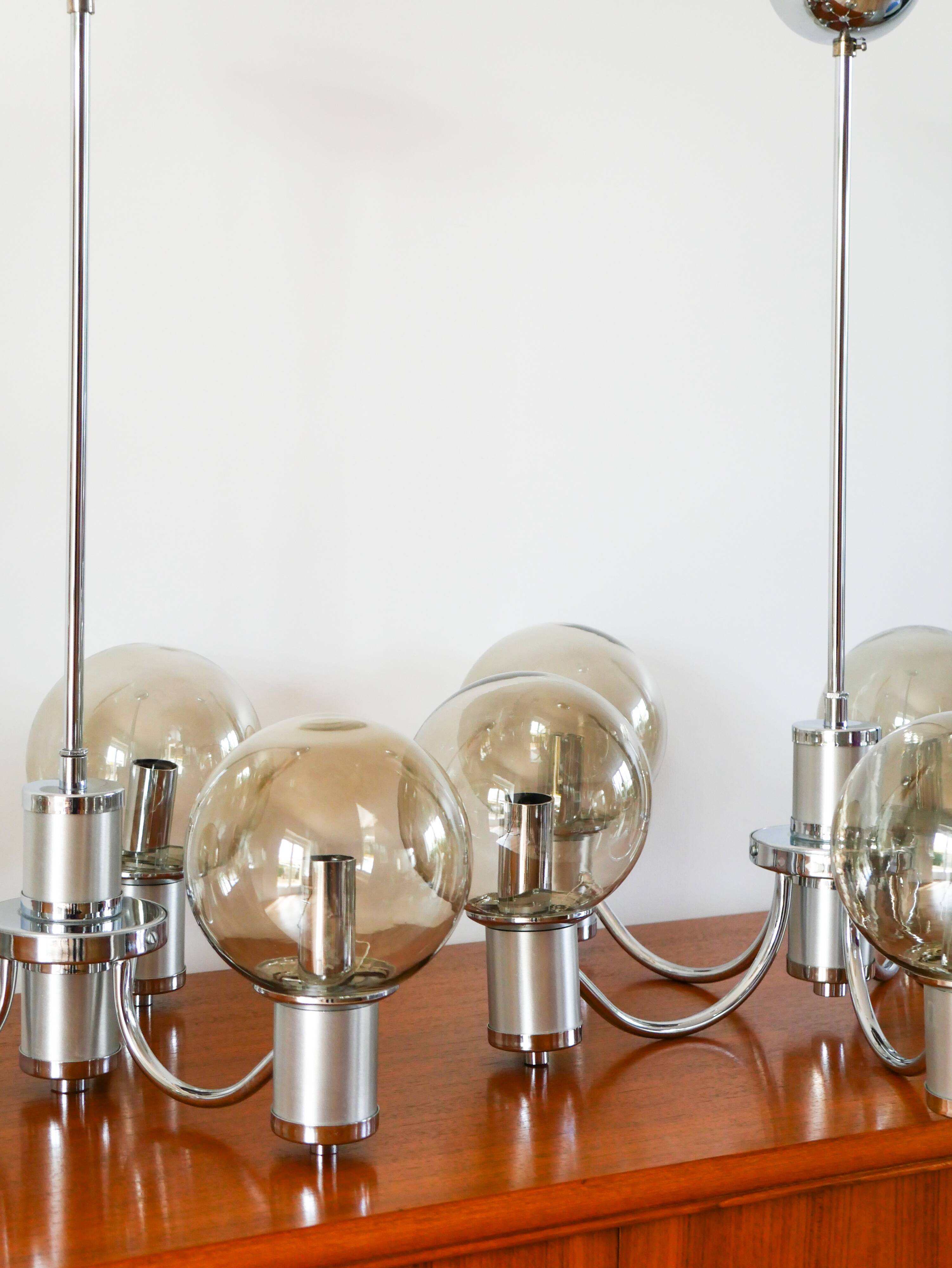 Five-branched chandelier, in chrome and smoked glass globes, Design, 1970