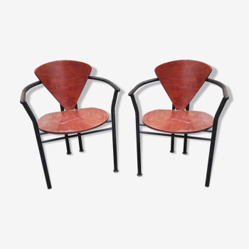 Pair of modernist metal and wood armchairs