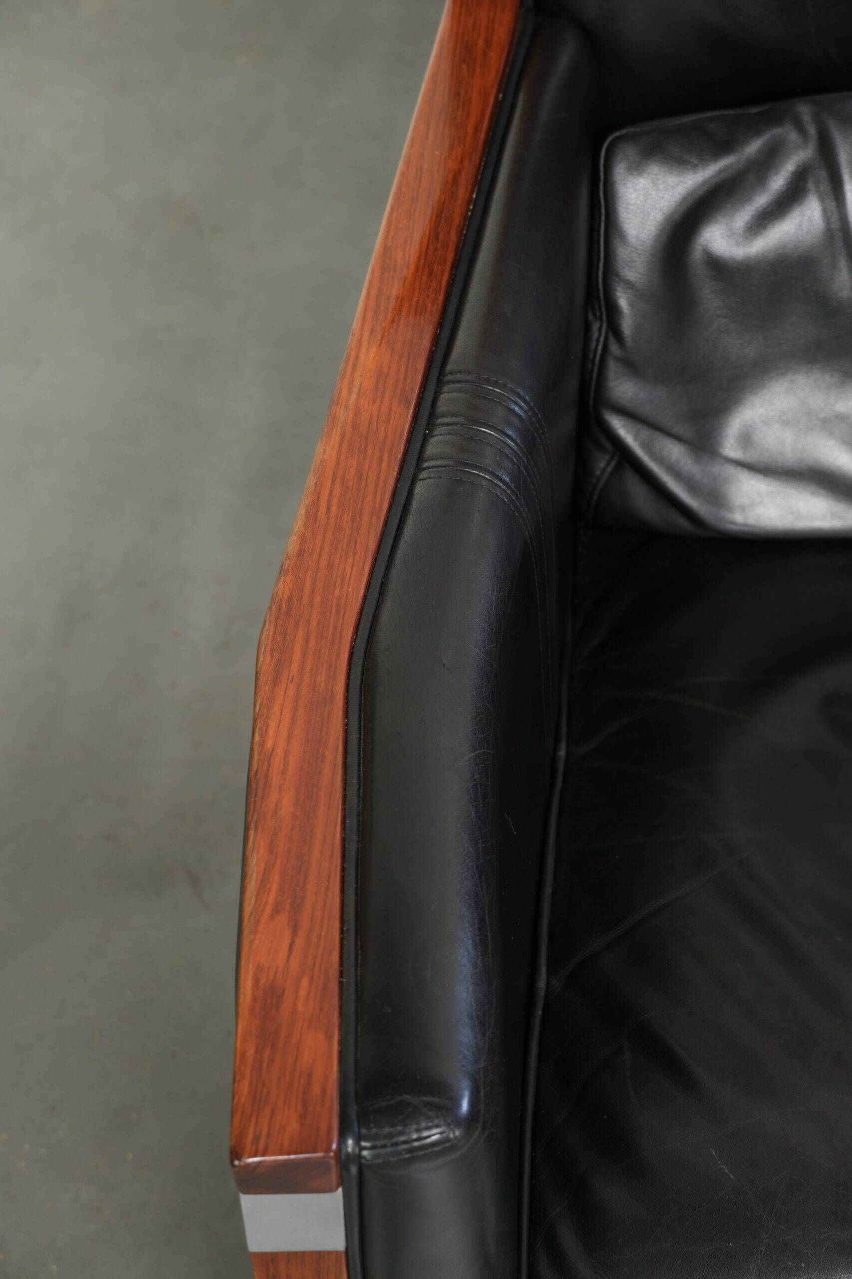 Set of 2 Art Deco design armchairs in black cowhide leather
