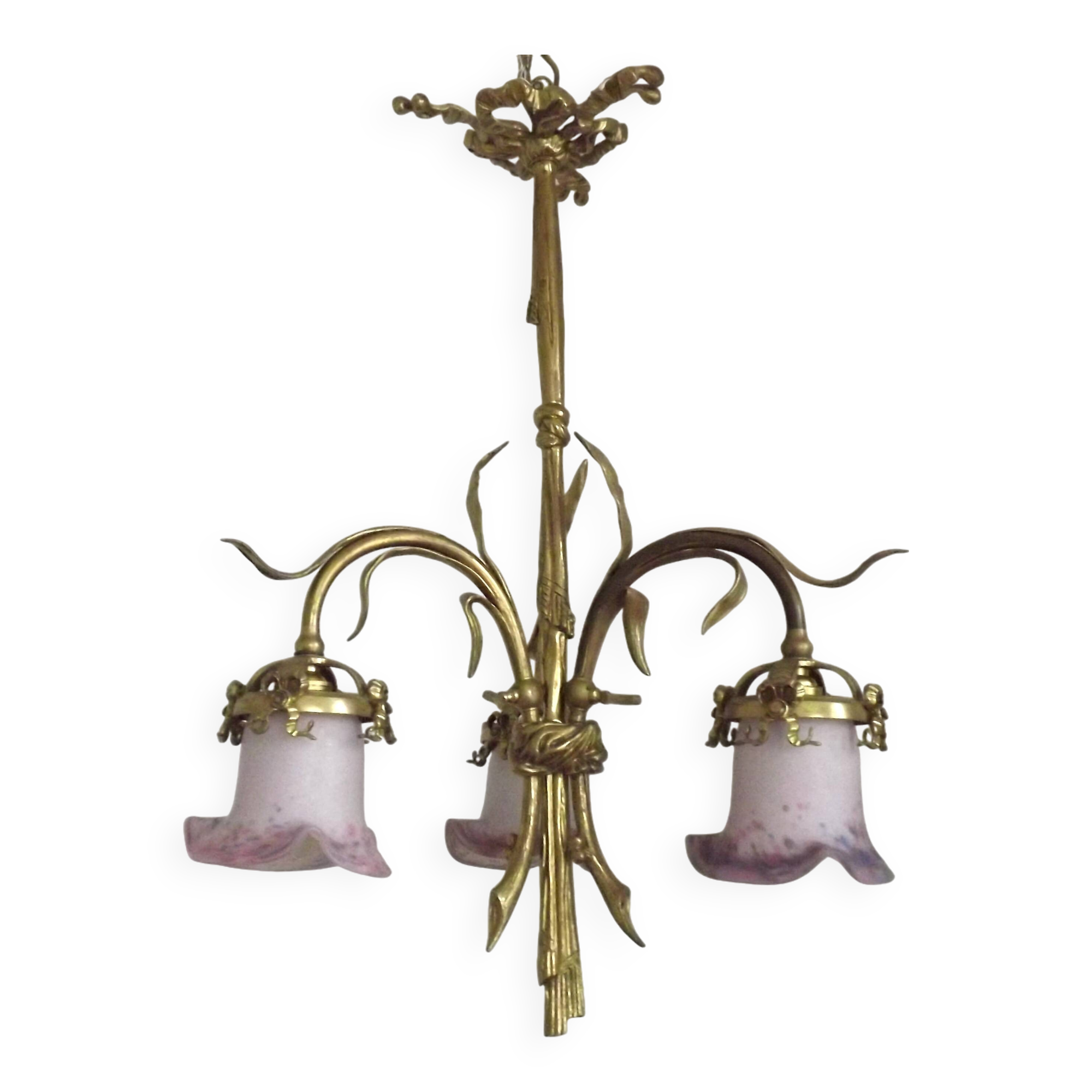 French Antique Late 1800s 3-Light Gilt Bronze Chandelier Art Glass Shades 5089