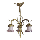 Lustre à 3 lumières en bronze doré, abat-jour en verre d'art 5089