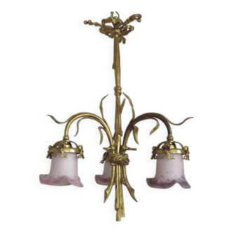 Lustre à 3 lumières en bronze doré, abat-jour en verre d'art 5089