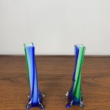 Duo de soliflores en verre soufflé de style Murano, vert et bleu