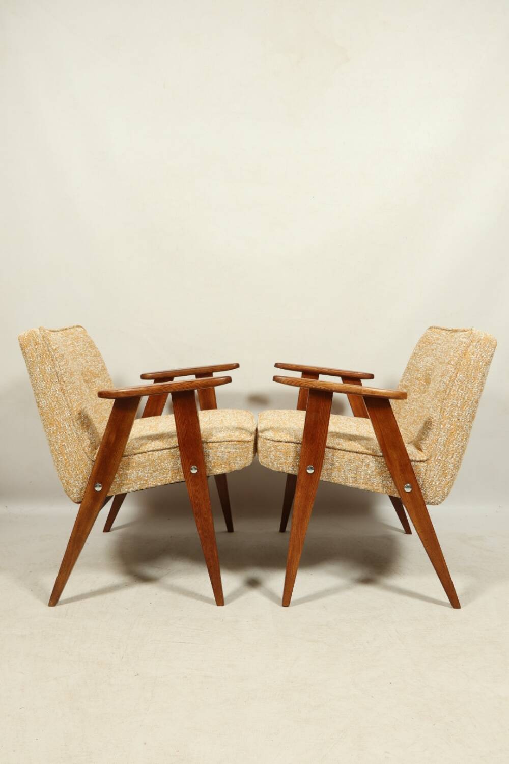 Vintage armchair oak wood yellow melange 1962 design by Chierowski renovated