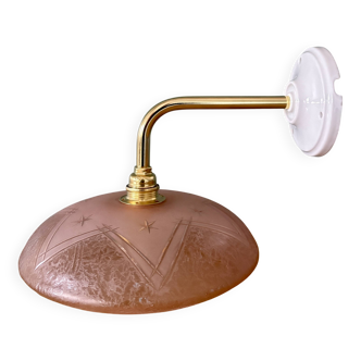 Vintage pink frosted glass wall lamp with elbow arm
