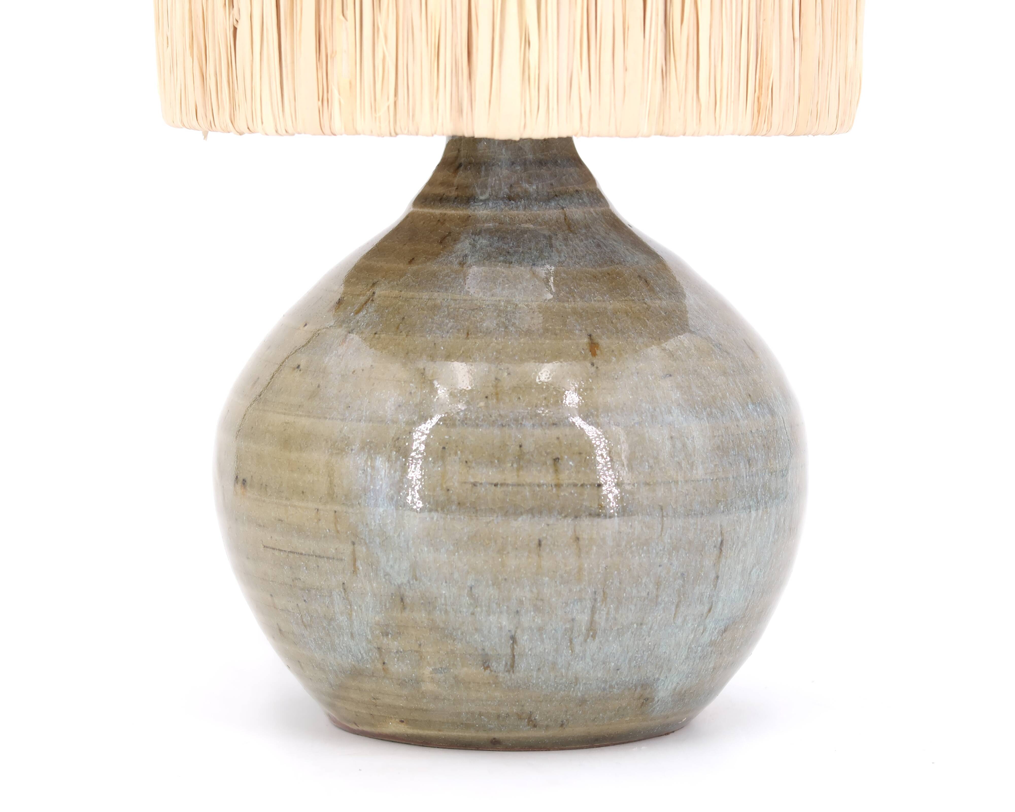Stoneware potter's lamp, raffia lampshade, 70s ceramic