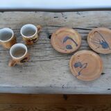 Series of 3 vintage stoneware cups and saucers by Madeleine Brault for Poterie de la Colombe