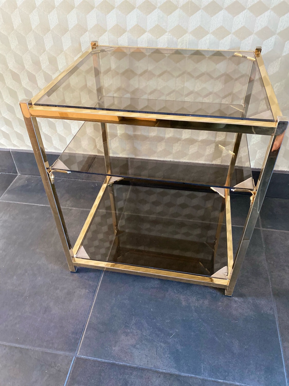 End of sofa 3 trays in smoked glass and brass-frame 70 year