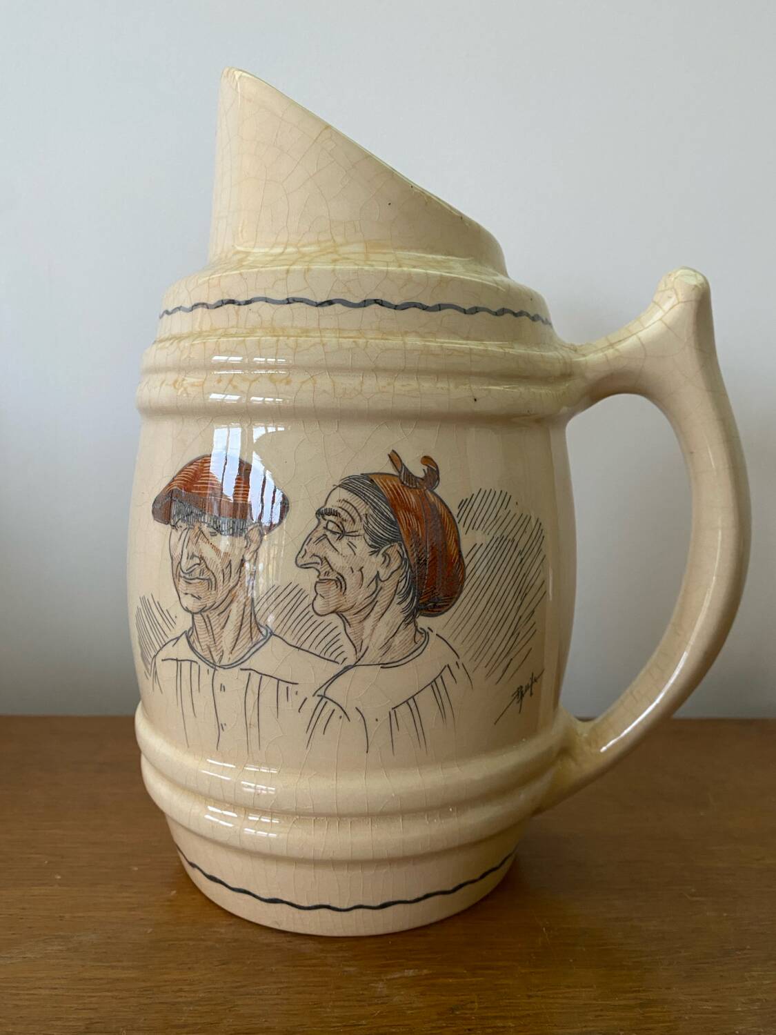 Old pitcher cazalas paule douau ceramic beige basque couple vintage