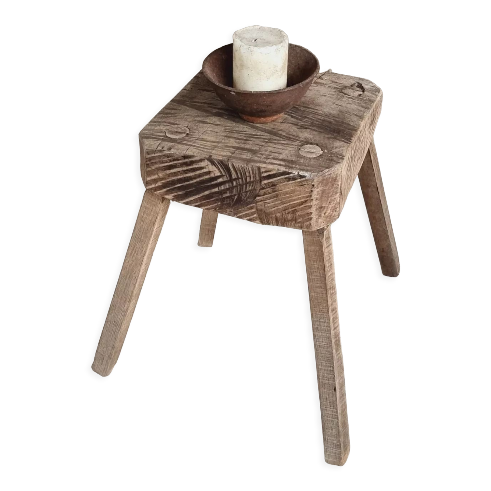 Antique stool rustic side table oak wood