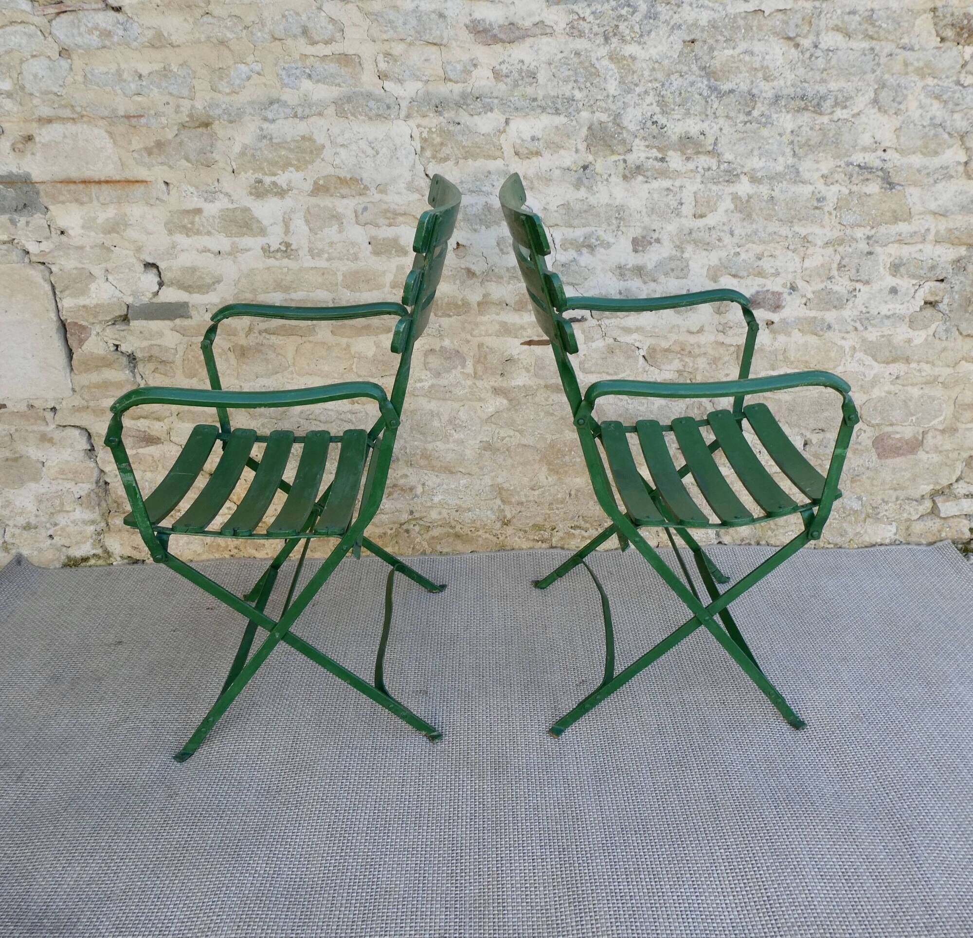 Pair of garden chairs, metal with wooden slats, folding