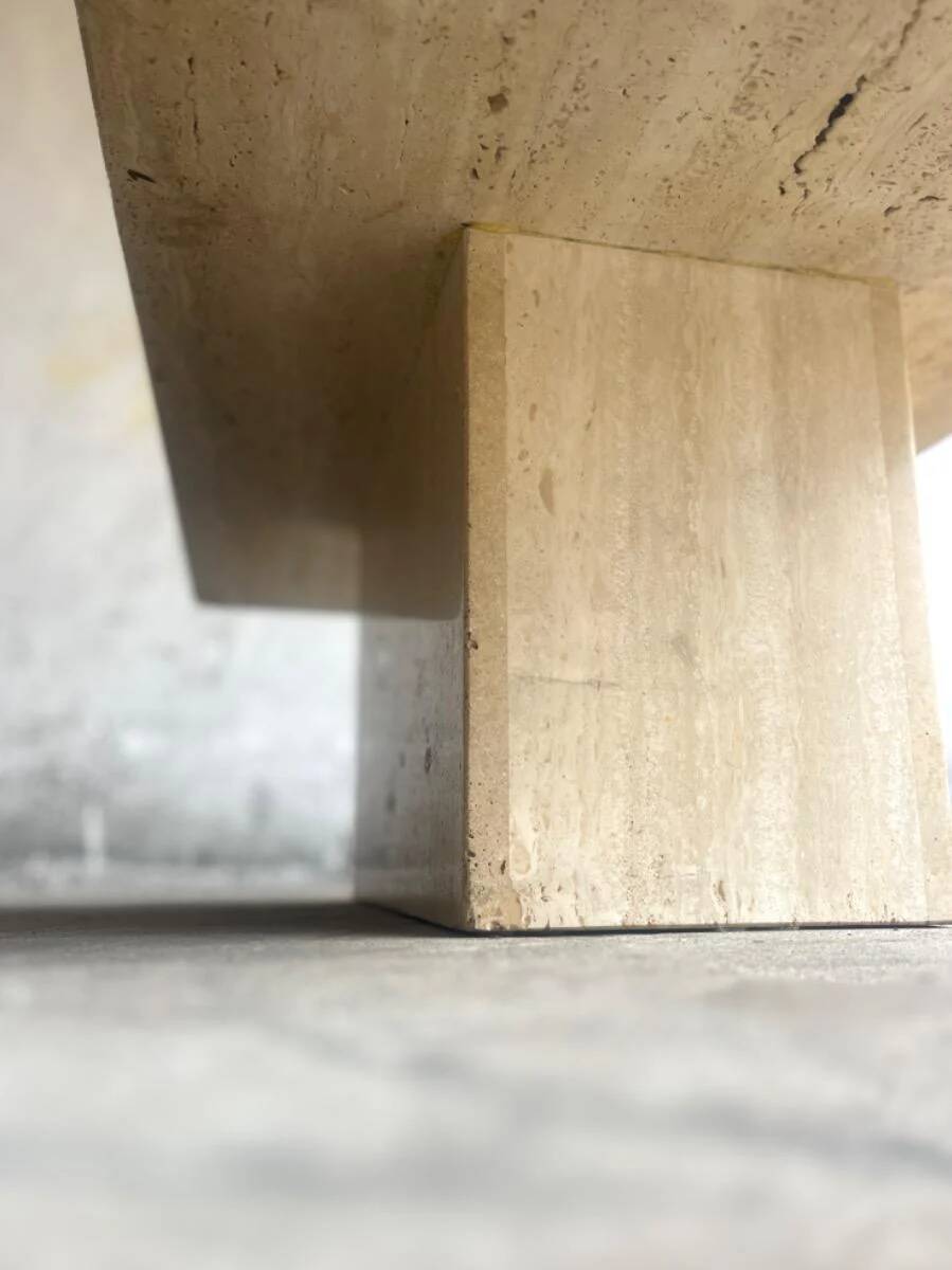 Light beige travertine Italian minimalist coffee table, solid natural stone 1980s