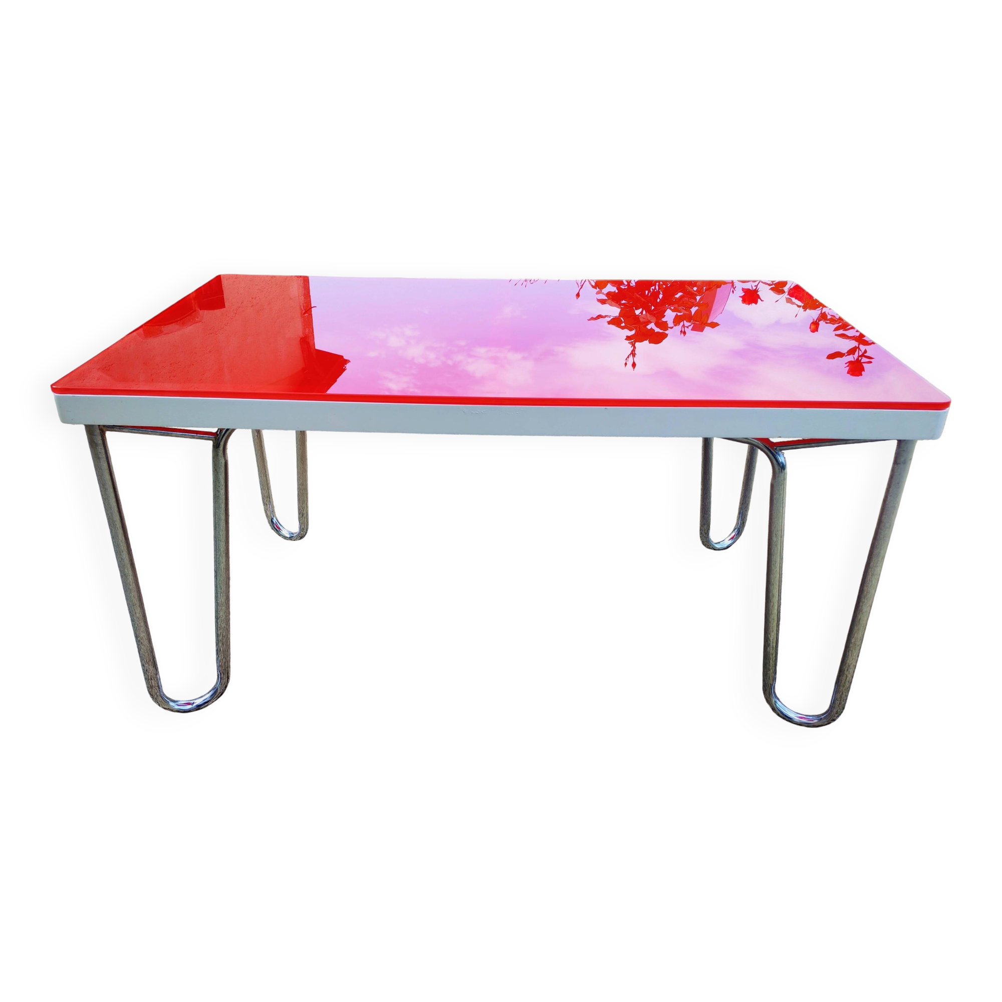 Table "floating" Space age 1970 Red Glass and Dove Tail - 140x80cm