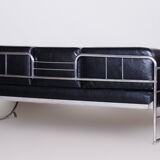 Fully Restored Bauhaus Black Leather Tubular Chrome Sofa by Robert Slezák, 1930s