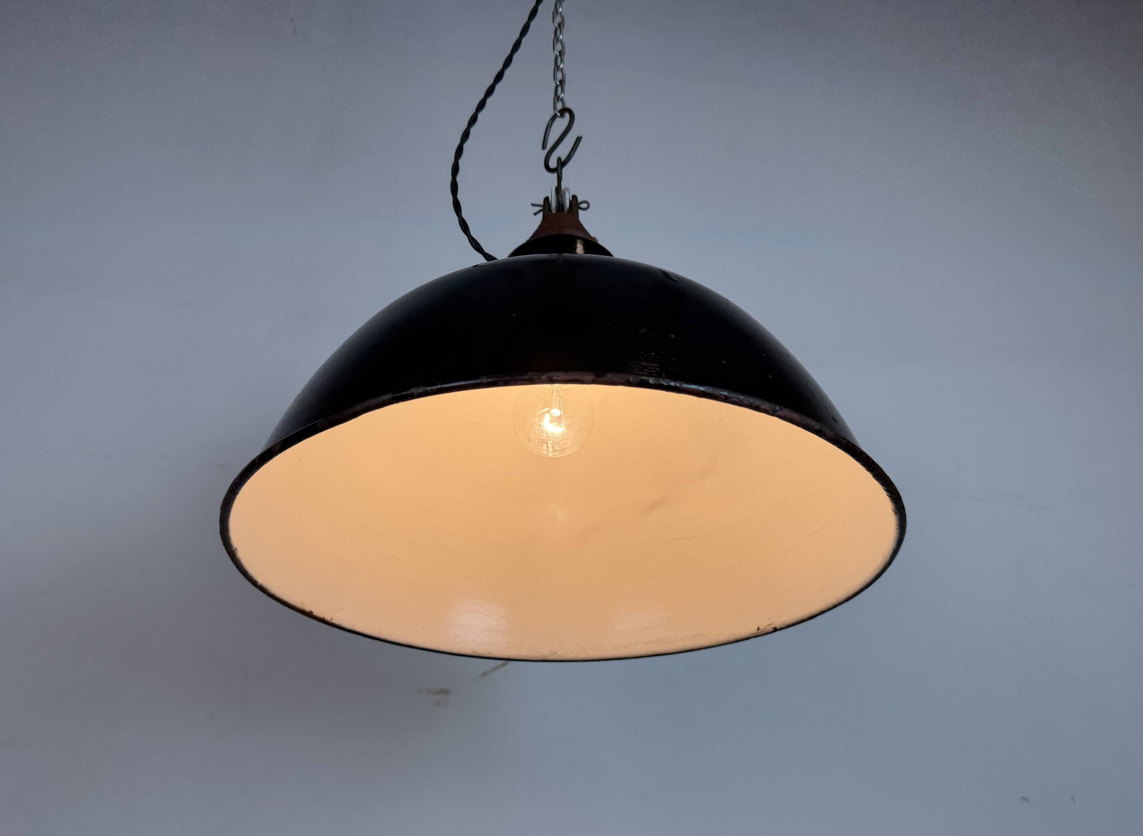East German Black Enamel Factory Light by LBD Veb Leuchtenbau Dresden, 1950