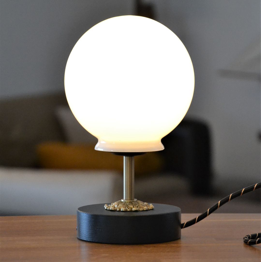 White vintage globe table lamp, black and gold finishes