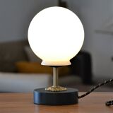 White vintage globe table lamp, black and gold finishes